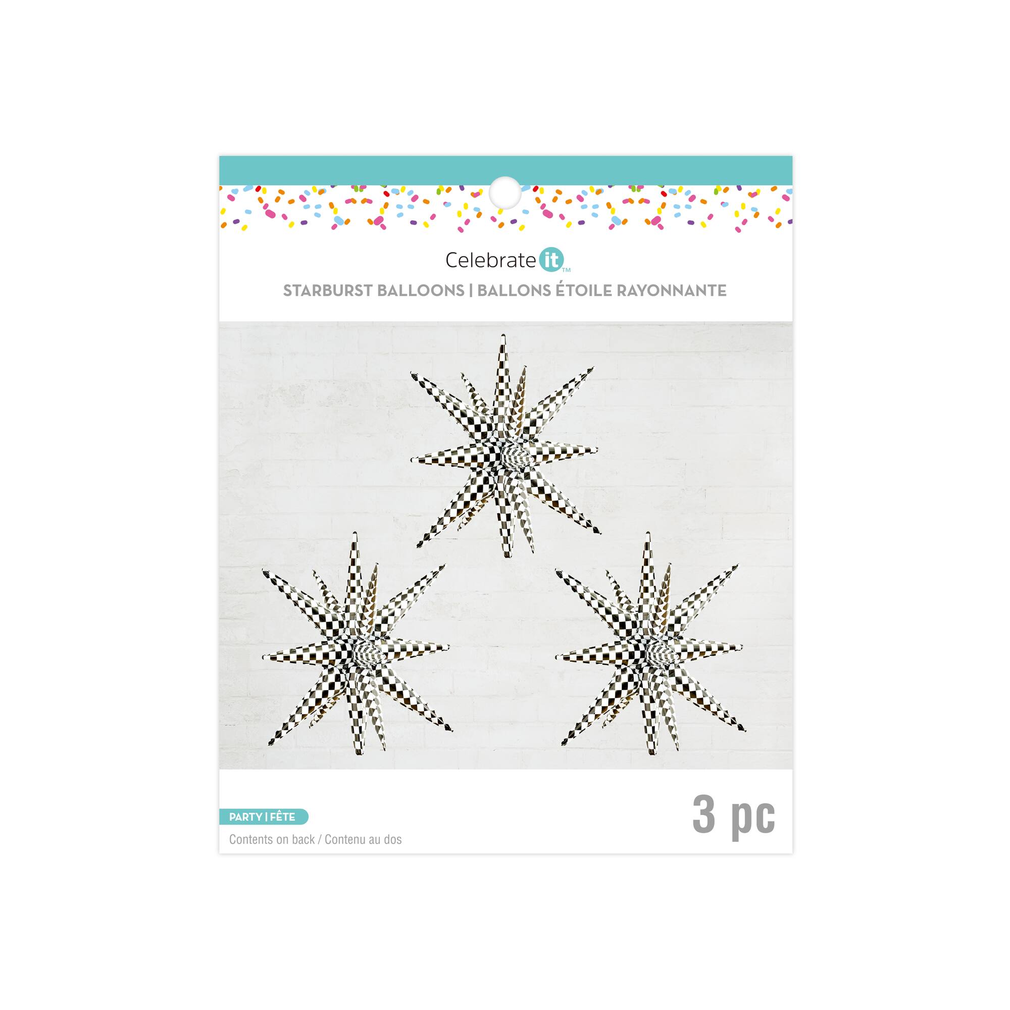 6 Packs: 3 ct. (18 total) 26" Black & White Checker Starburst Foil Balloons by Celebrate It™